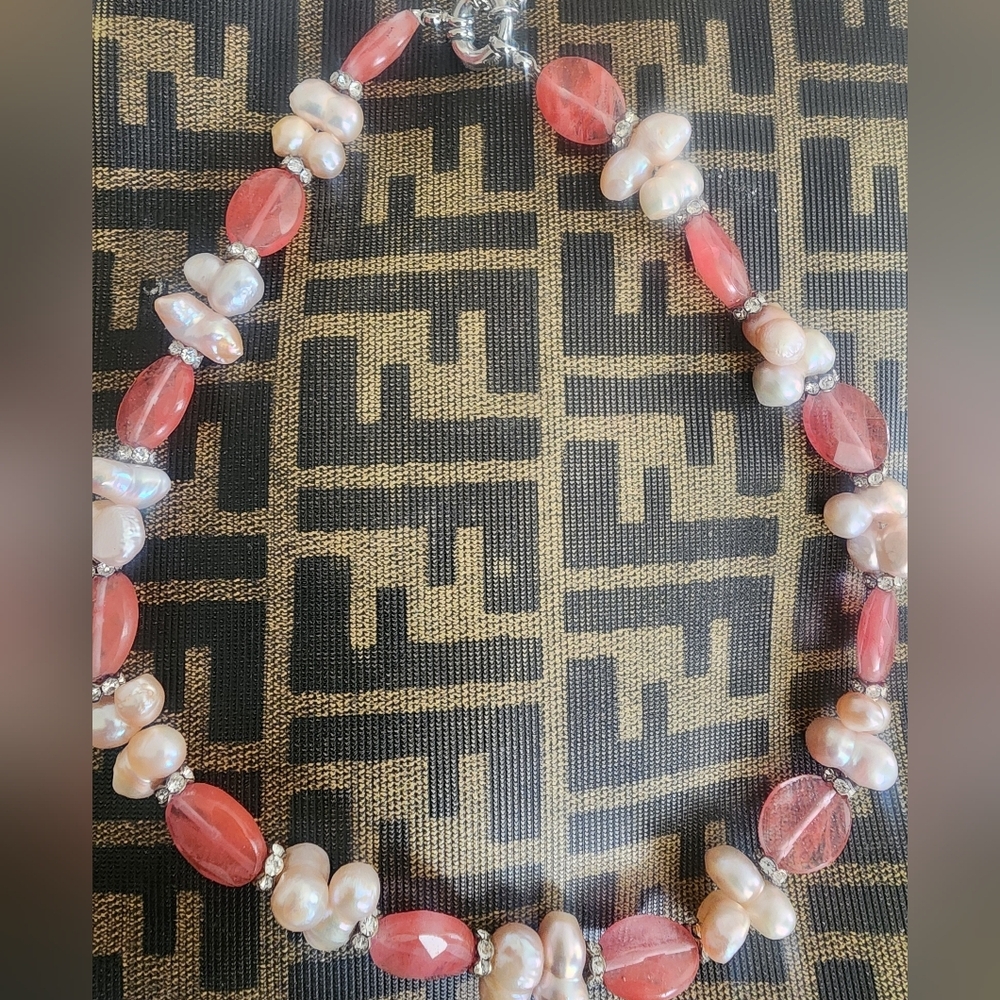 Baroque and cherry quartz necklace 9 in from clasp to pearl drop